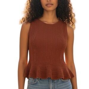 LOFT Top Sleeveless Open Knit Terracotta Orange Sleeveless Textured Peplum Hem